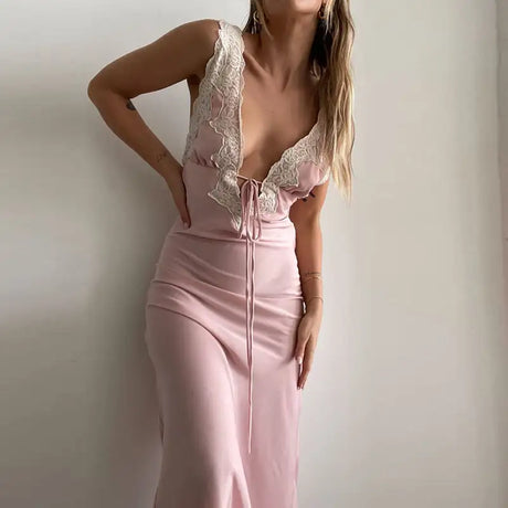 Y2K Chic Women Lace Trim Long Dress 90s Vintage Sexy V Neck Tie Up Backless Bodycon Elegant Lady Club Party Night Cocktail Dress - Lootquake