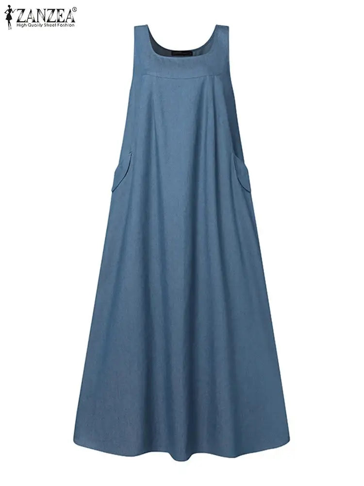 Summer Muslim Long Dress Abaya ZANZEA Women Vintage Sleeveless Denim Blue Maxi Vestidos Dubai Robe Casual Loose Ramadan Sundress - Lootquake