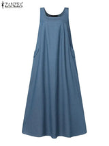 Summer Muslim Long Dress Abaya ZANZEA Women Vintage Sleeveless Denim Blue Maxi Vestidos Dubai Robe Casual Loose Ramadan Sundress - Lootquake