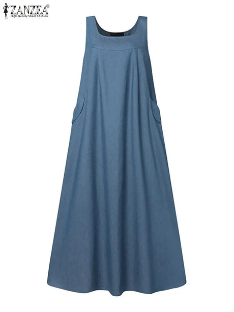 Summer Muslim Long Dress Abaya ZANZEA Women Vintage Sleeveless Denim Blue Maxi Vestidos Dubai Robe Casual Loose Ramadan Sundress - Lootquake