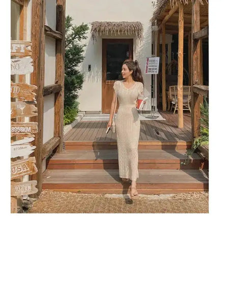 Summer High Quality Korean Simple Hollow Out Vest Knit Sweater Dress Women Japanese Gentle V-Neck Slim Elastic Knit Long Dress - Lootquake