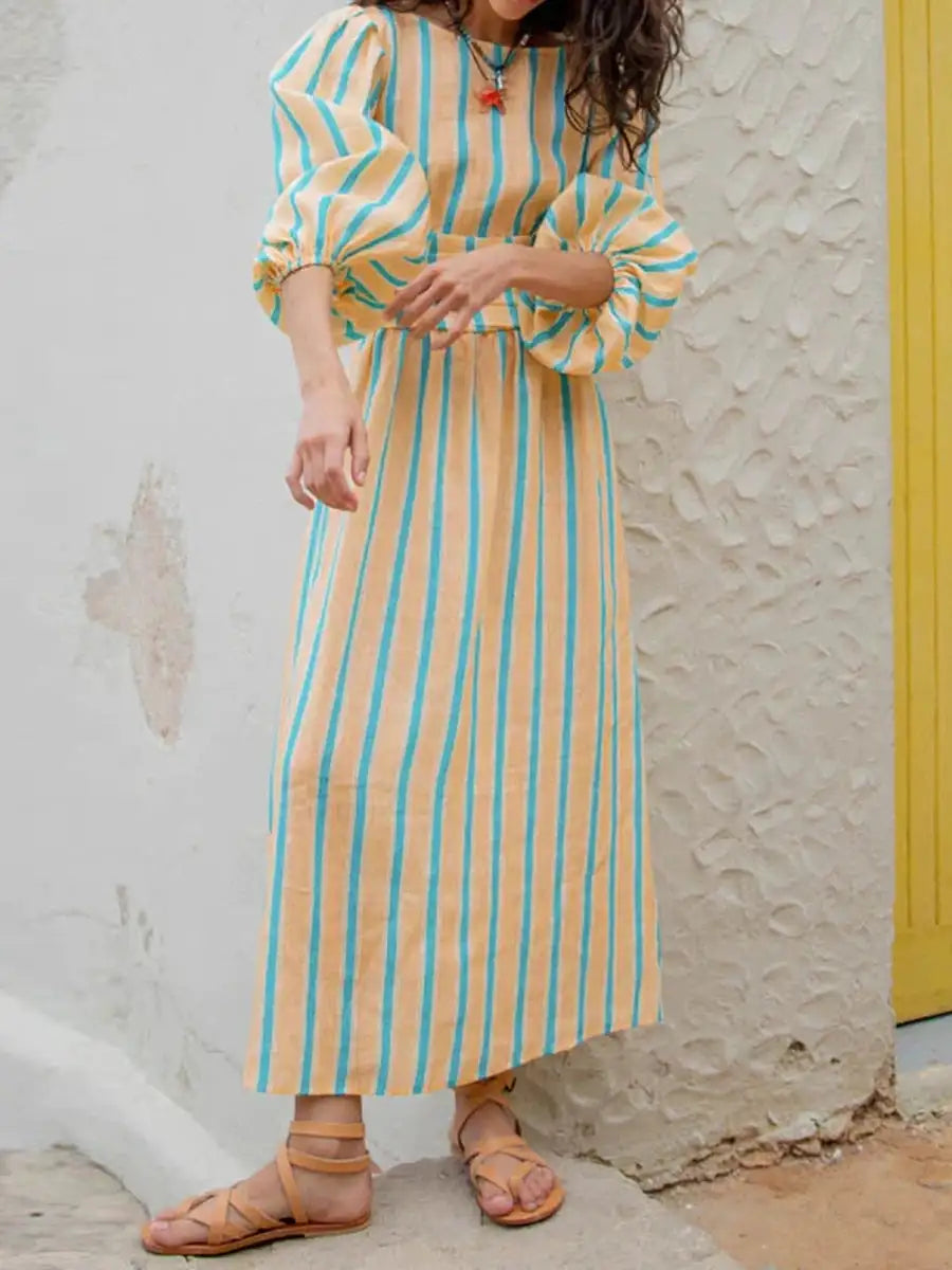 Hirigin Womens Summer Puff Sleeve Long Dress Boho Backless Tie Waist Maxi Dress Bohemian Midi Dress Gauze High Waist Dresses - Lootquake