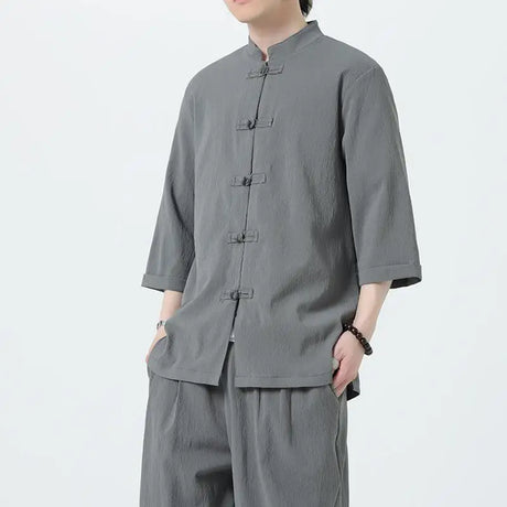 Men Chinese Style Hanfu Shirt 3/4 Sleeve Mens Loose Tops Tang Suit Solid Traditional Kung Fu Shirts Male Chinese Shirts M-5XL - Lootquake