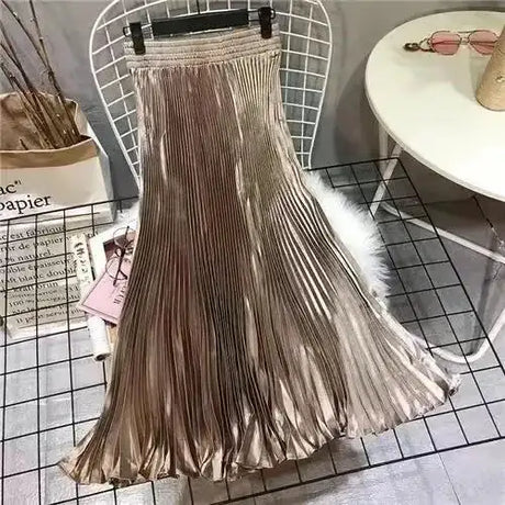 High-Waisted Vintage A- Line Accordion Skirt European Style Pleated Dress Metal Color Wide Hemline Long Dress For Women - Lootquake