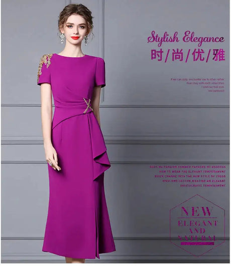 Long Dress Summer 2022 new purple nail drill elegant temperament close waist fish tail evening dress - Lootquake