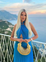 Hanging Neck Strap Split Long Dress Women Wrap Chest Backless High Waisted Slim Fit Robes Summer Chic Female Streetwear Vestido