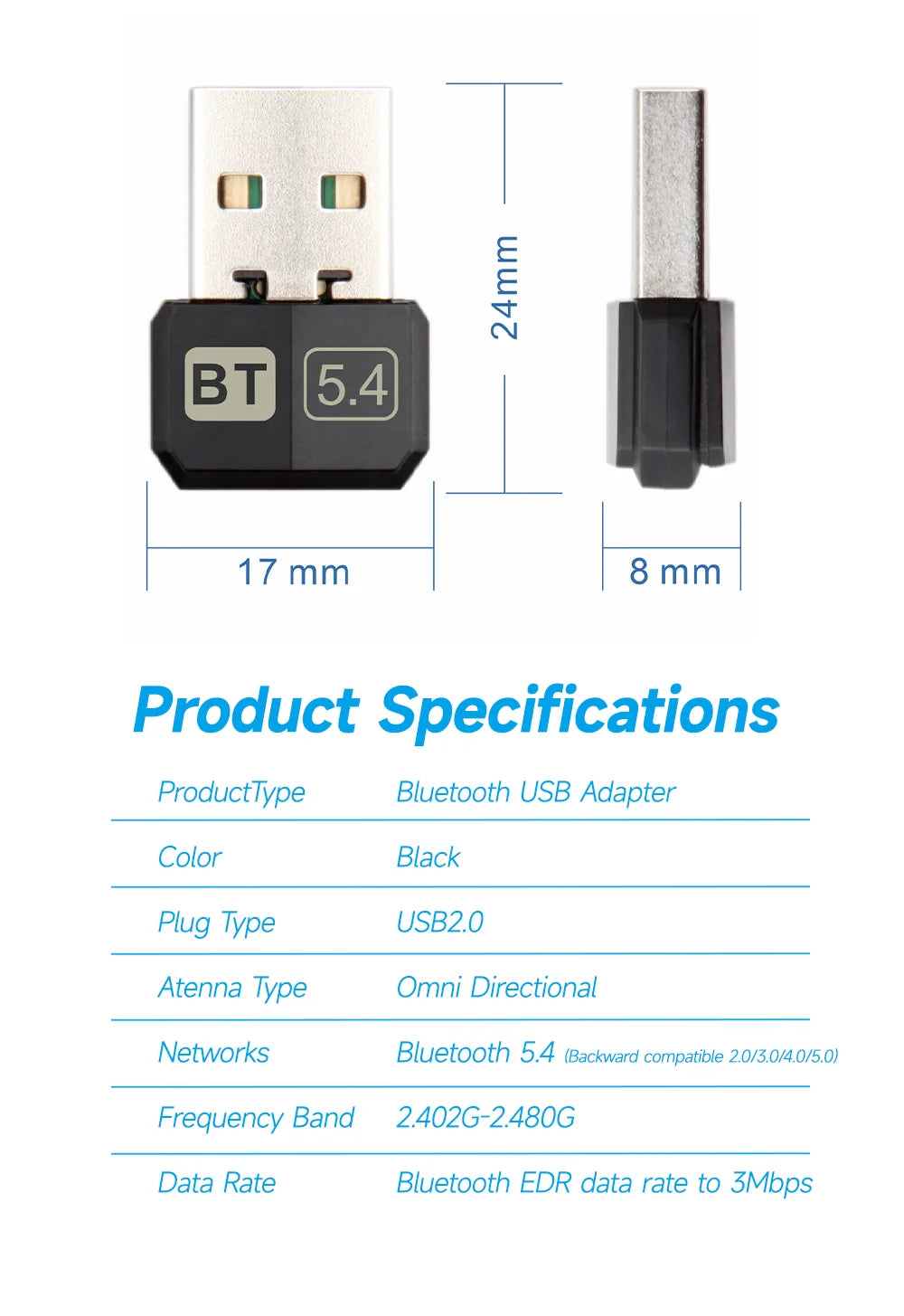 Adaptador USB Bluetooth 5.4 5.3 Dongle para PC, altavoz, ratón inalámbrico, teclado, música, audio, receptor, transmisor, unidad gratuita
