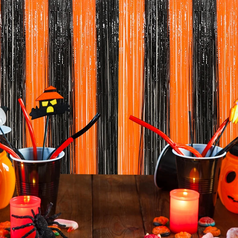 1x2m Halloween Recoration Black And Red Orange Foil Tassel Rain Silk Curtain Metallic Streamers Halloween Party Decor Supplies