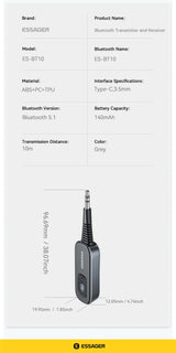 Receptor y transmisor de audio Essager Bluetooth 5.1 de 3,5 mm con entrada auxiliar de 3,5 mm y micrófono, adaptador inalámbrico para música estéreo, PC, TV y altavoces de coche.