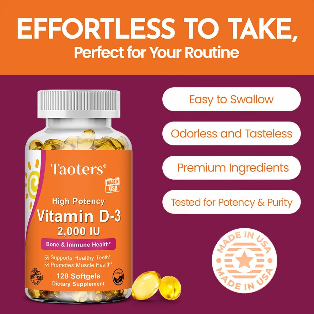 Vitamina D3 2000 UI 50 mcg Cápsulas de vitamina D3 Función muscular saludable Ayuda a mantener la salud inmunológica Huesos y dientes fuertes