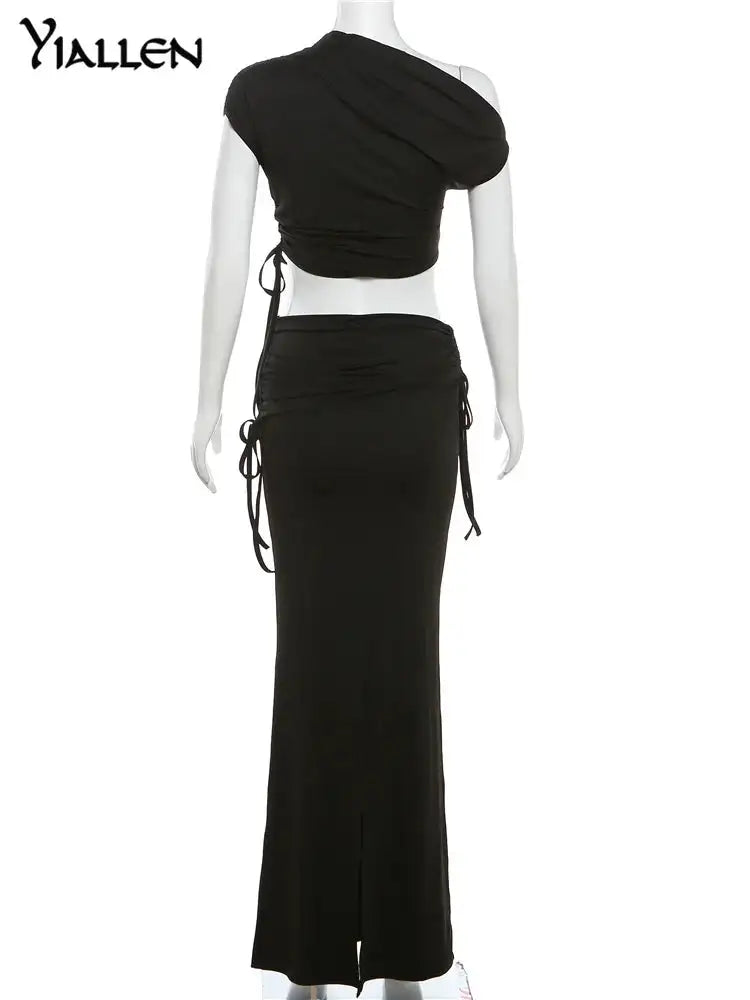 Yiallen Women Sexy 2-Piece Diagonal Collar Y2K Sleeveless Top+New Elegant High Waist Slim Skirt Autumn Winter Fashion Street Set - Lootquake