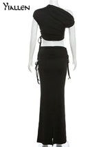 Yiallen Women Sexy 2-Piece Diagonal Collar Y2K Sleeveless Top+New Elegant High Waist Slim Skirt Autumn Winter Fashion Street Set - Lootquake