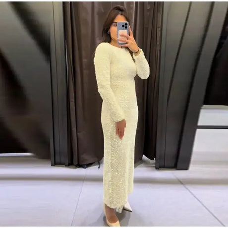 Sequined Party Dresses For Women Removable Sleeve O-neck Slim Long Dress Female 2025 Elegant White Lady Sexy Evening Vestidos - Lootquake