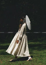 2025 New 100% Linen Flower Print Long Sleeve Tie Up Waist Loose Long Dress - Lootquake
