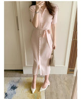 Elegant Summer Sweet Sle Turn-down Collar Single-button Thin Ice Silk Short-sleeve Knitted Long Dress Women's Fashion - Lootquake