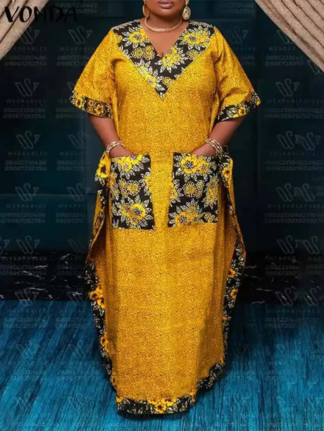 Plus Size 5XL VONDA 2024 Bohemian Printed Long Dress Summer Women V-Neck Short Sleeve Maxi Sundress Casual Pockets Loose Robe - Lootquake