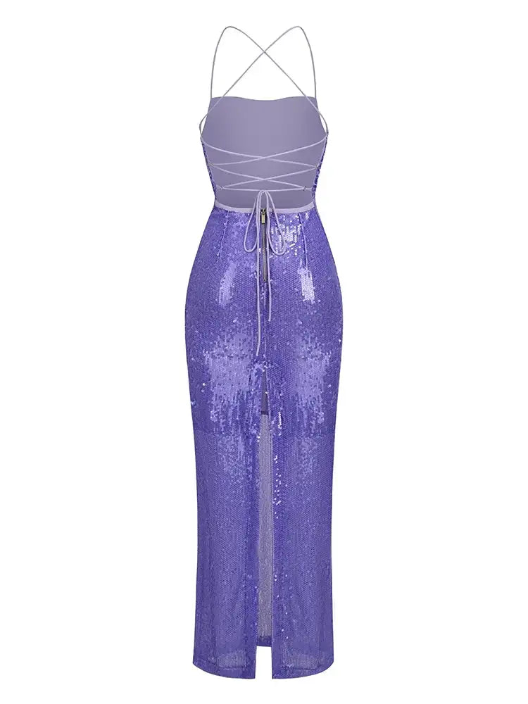 New Sexy Sleeveless Backless Lace-up Slim Long Dress Summer Elegant Pleated Backless Bright Sequins Dress Luxury Evening Dresses - Lootquake