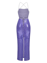 New Sexy Sleeveless Backless Lace-up Slim Long Dress Summer Elegant Pleated Backless Bright Sequins Dress Luxury Evening Dresses - Lootquake