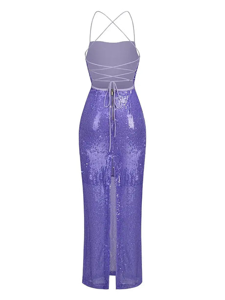 New Sexy Sleeveless Backless Lace-up Slim Long Dress Summer Elegant Pleated Backless Bright Sequins Dress Luxury Evening Dresses - Lootquake