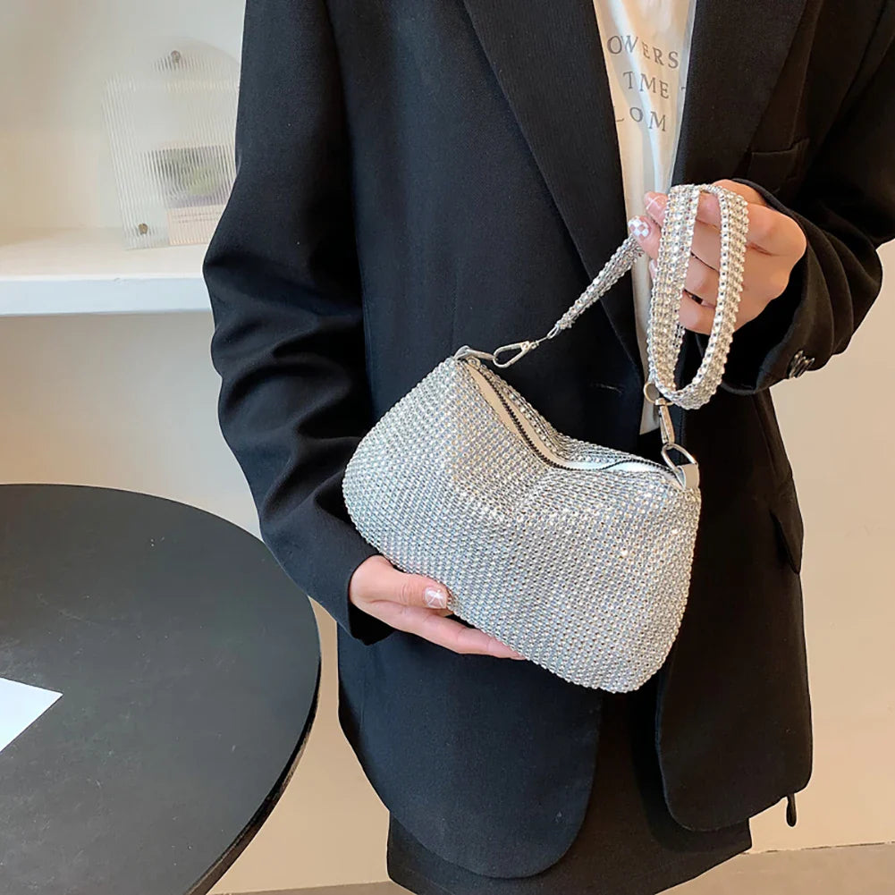Bling Rhinestone Evening Clutch Bag | Women's Korean Designer Diamond Chain Dinner Party Handbag (Lady Square Tote Shoulder Bag)