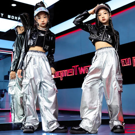 Girls Jazz Dance Hip Hop Outfit Child Model Catwalk Stage Dance Show Costume Black Navel Top White Trousers - Lootquake