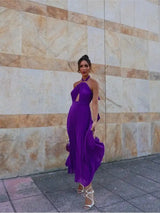 Hanging Neck Strap Split Long Dress Women Wrap Chest Backless High Waisted Slim Fit Robes Summer Chic Female Streetwear Vestido