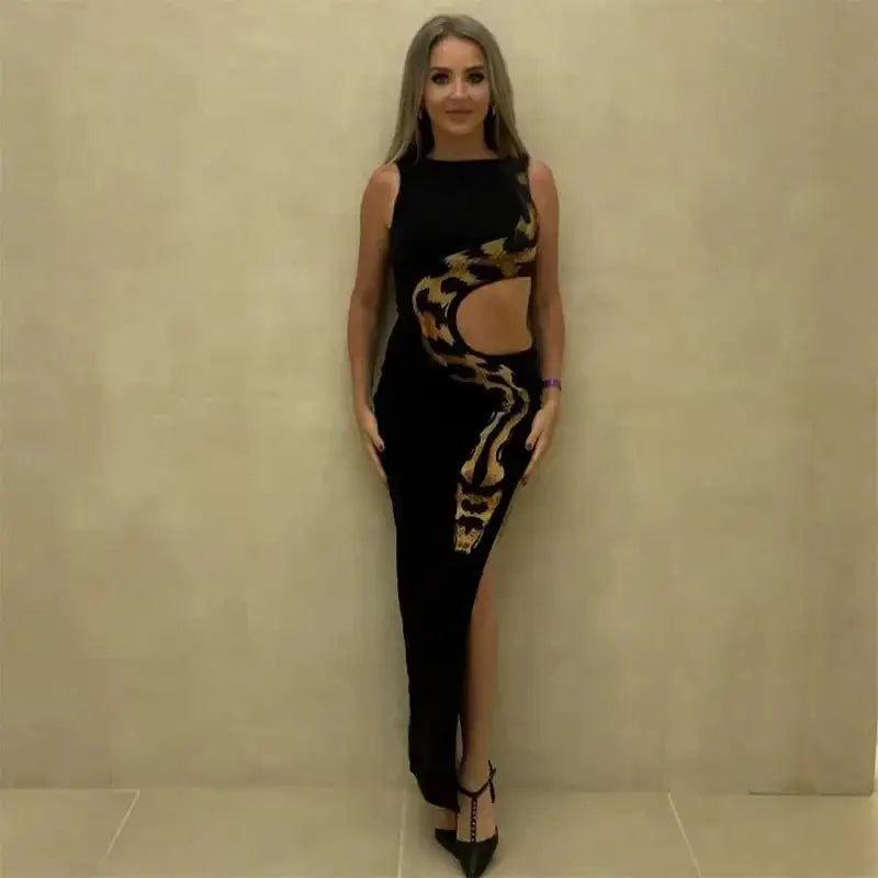 Tossy Python Printed Hollow Out Maxi Dress Female Slim Sexy Side Split Sleeveless Contrast Summer Party Dress Women's Long Dress - Lootquake