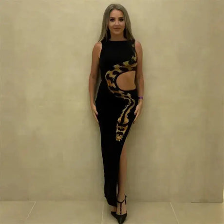Tossy Python Printed Hollow Out Maxi Dress Female Slim Sexy Side Split Sleeveless Contrast Summer Party Dress Women's Long Dress - Lootquake