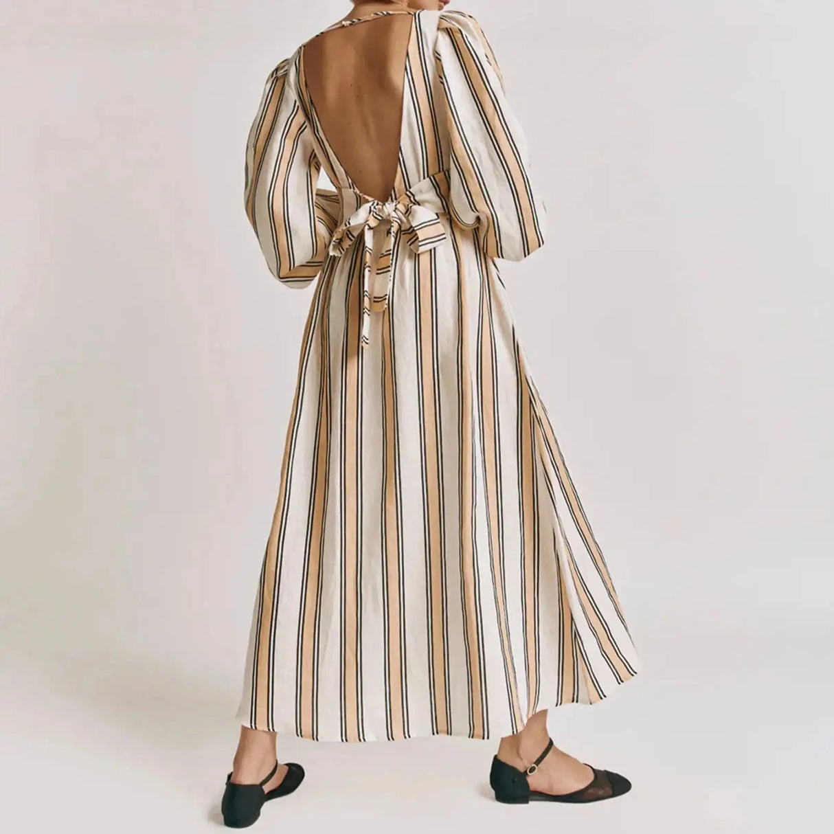 Hirigin Womens Summer Puff Sleeve Long Dress Boho Backless Tie Waist Maxi Dress Bohemian Midi Dress Gauze High Waist Dresses - Lootquake
