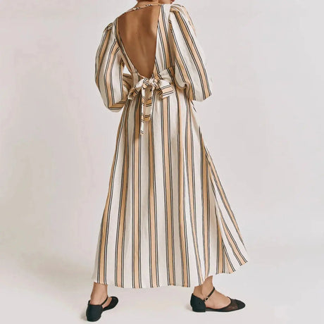 Hirigin Womens Summer Puff Sleeve Long Dress Boho Backless Tie Waist Maxi Dress Bohemian Midi Dress Gauze High Waist Dresses - Lootquake