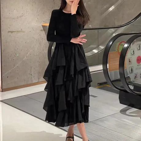 LANMREM Elegant Pleated Long Dress For Women Round Neck Long Sleeves Ruffles A-line Dresses Fashion 2025 Spring New 32C2026 - Lootquake