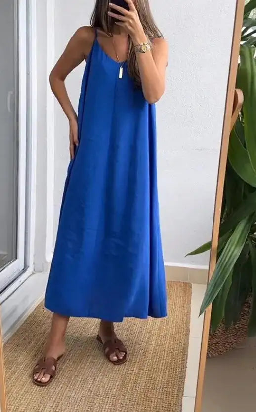 Summer Loose Spaghetti Strap Dresses Women Solid Color V-neck Casual Commuting Sleeveless Long Dress Female Fashion New Vestidos - Lootquake