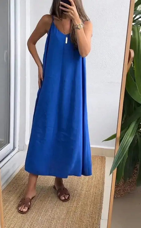 Summer Loose Spaghetti Strap Dresses Women Solid Color V-neck Casual Commuting Sleeveless Long Dress Female Fashion New Vestidos - Lootquake