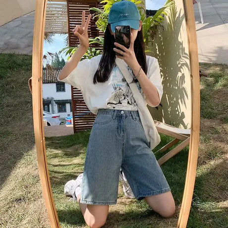 Feynzz Fashion Summer Half Women Denim Shorts High Waist Belted Loose Female Short Jeans  Streetwear - Lootquake