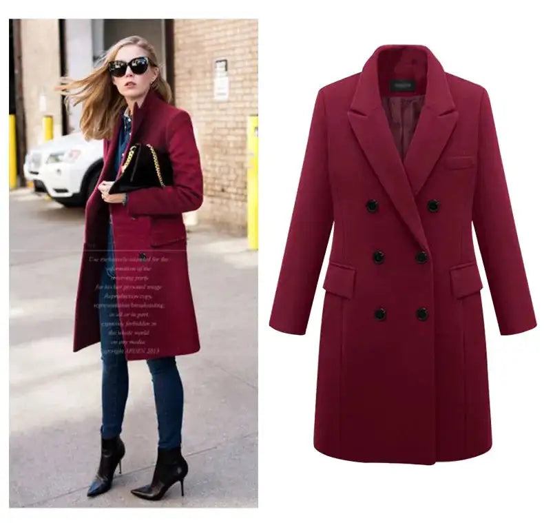Autumn Winter Women's Woolen Jacket Long Windbreaker Double Breasted Slim Fit Coat - Lootquake