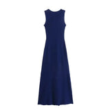 TRAFZA Women Elegant Solid Sleeveless Knitted Long Dress Fashion Single Breasted O Neck Dresses Female Chic Slim Midi Tank Dress - Lootquake