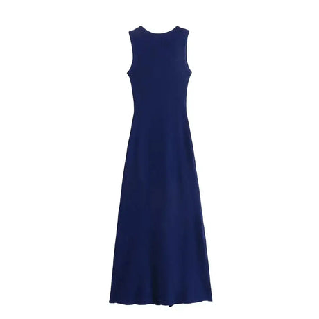 TRAFZA Women Elegant Solid Sleeveless Knitted Long Dress Fashion Single Breasted O Neck Dresses Female Chic Slim Midi Tank Dress - Lootquake