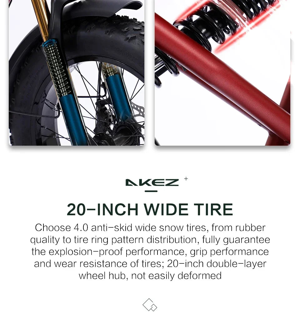 Bicicleta eléctrica retro de 1500 W, 48 V, 36 Ah, 20 x 4 pulgadas, neumáticos anchos, para montaña y nieve, AKEZ, motocicleta para adultos.