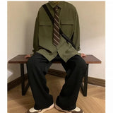 Autumn Green Black Shirt Men Fashion Social Mens Dress Shirt Korean Loose Long Sleeve Shirts Mens Pocket Tooling Shirt M-3XL - Lootquake