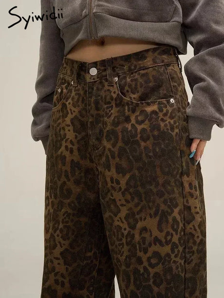 Syiwidii Leopard Print Y2k Jeans Women Oversized Wide Leg Denim Trousers Streetwear Hip Hop Vintage Loose Baggy Designer Jeans - Lootquake