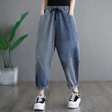 Jeans Women Spring Autumn New Stripe Splicing Large Size Drawstring Elastic Waist Thin Ladies Harlan Nine Points Pants Z468 - Lootquake