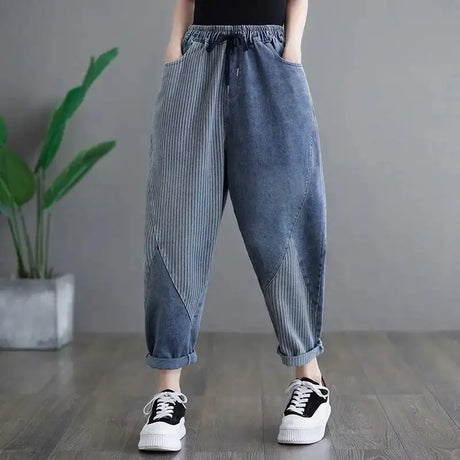 Jeans Women Spring Autumn New Stripe Splicing Large Size Drawstring Elastic Waist Thin Ladies Harlan Nine Points Pants Z468 - Lootquake