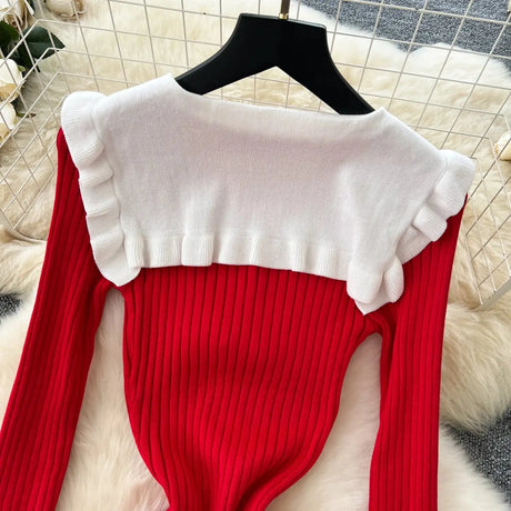 SINGREINY 2024 Hotsweet Slim Autumn Dress Women Peter pan Collar Long Sleeves Patchwork Preppy Style Mermaid Sweater Long Dress - Lootquake