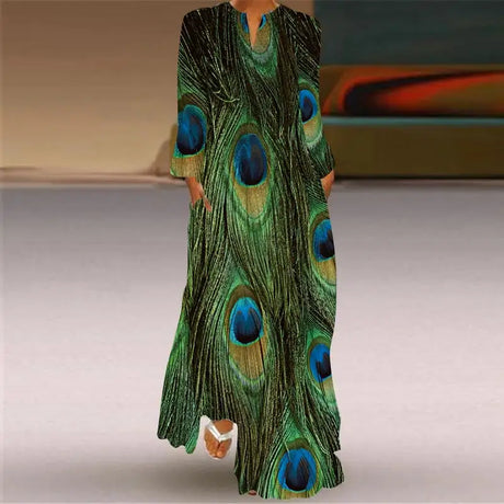 Women Autumn Winter Long Dress Elegant Party Casual V Neck Long Sleeve Vestids Style Loose Stripe Printing Vintage Maxi Dresses - Lootquake
