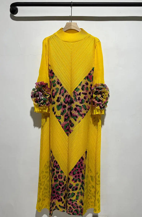 2024 Miyake Fashion Splicing Leopard Print Maxi Dress with Round Neck Hand Shake Flower Horn Sleeves Long Loose Fit Long Dress - Lootquake