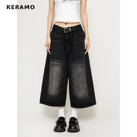 Vintage Streetwear Women Jeans 2024 Summer Loose Male Wide Leg Knee Length Shorts Men's Oversize Fashion Denim Trouser Pants Y2K - Lootquake
