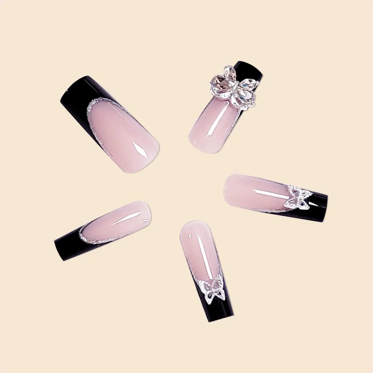 Luxury Women Girls Super Long Square Black French Sparkling Bow Decoration Full Coverage Wearable Fake Nail Press on Nail Art