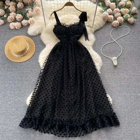SINGREINY High Quality A Line Mesh Long Dress Spaghetti Strap Sleeveless Sheath Sundress 2023 Women Fashion Dot Print Maxi Dress - Lootquake