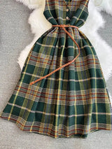Autumn Winter Plaid Woolen Dress Women Vintage V Neck Sleeveless Long Dress With Belt Streetwear Sundress - Lootquake
