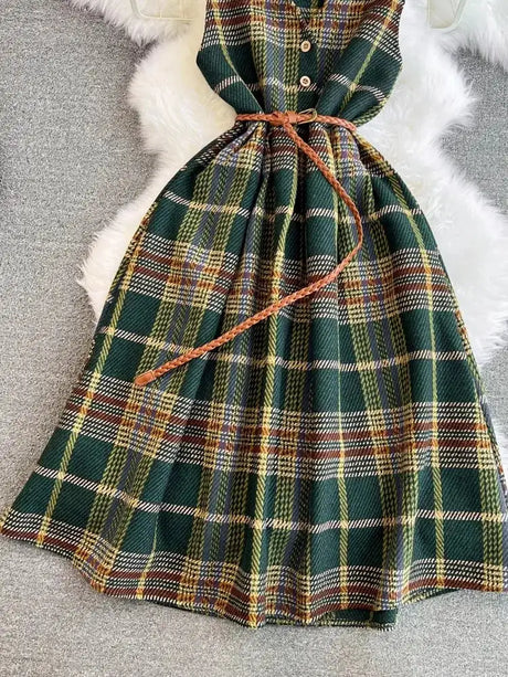 Autumn Winter Plaid Woolen Dress Women Vintage V Neck Sleeveless Long Dress With Belt Streetwear Sundress - Lootquake
